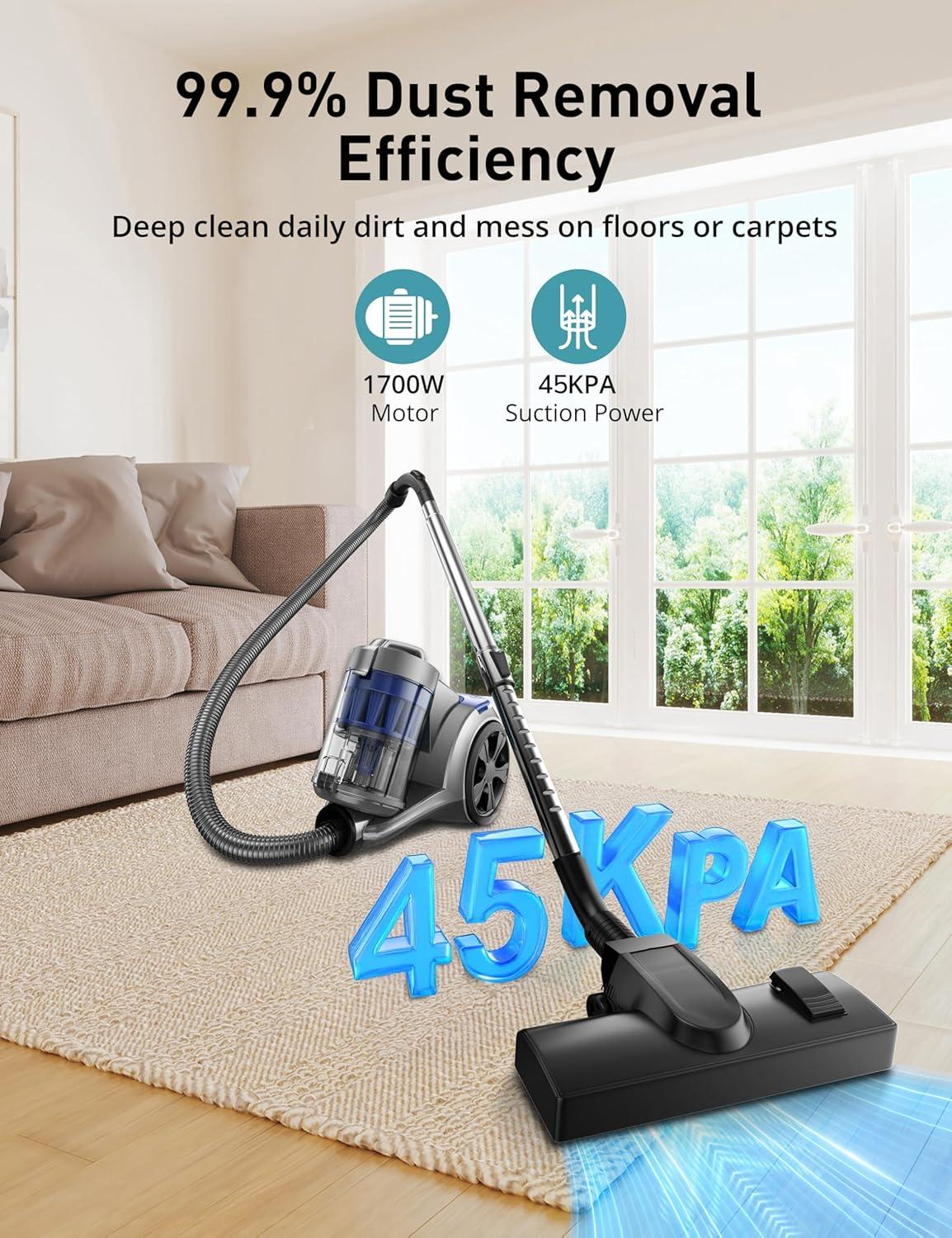 image:imageAspiron 1700W Canister Vacuum Cleaner 45Kpa Bagless Vacuum Cleaner MultiCyclonic Filtration 2 AntiAllergen HEPA Filters 35QT Dust Cup 4 Tools No Hair Tangles for Hard Floor Pet Hair Navy