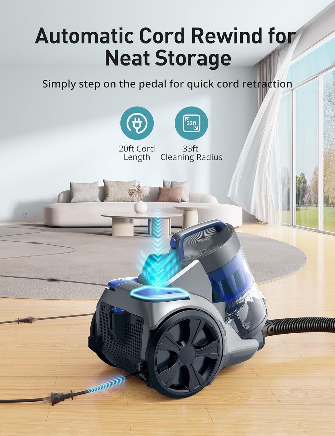 image:imageAspiron 1700W Canister Vacuum Cleaner 45Kpa Bagless Vacuum Cleaner MultiCyclonic Filtration 2 AntiAllergen HEPA Filters 35QT Dust Cup 4 Tools No Hair Tangles for Hard Floor Pet Hair Navy