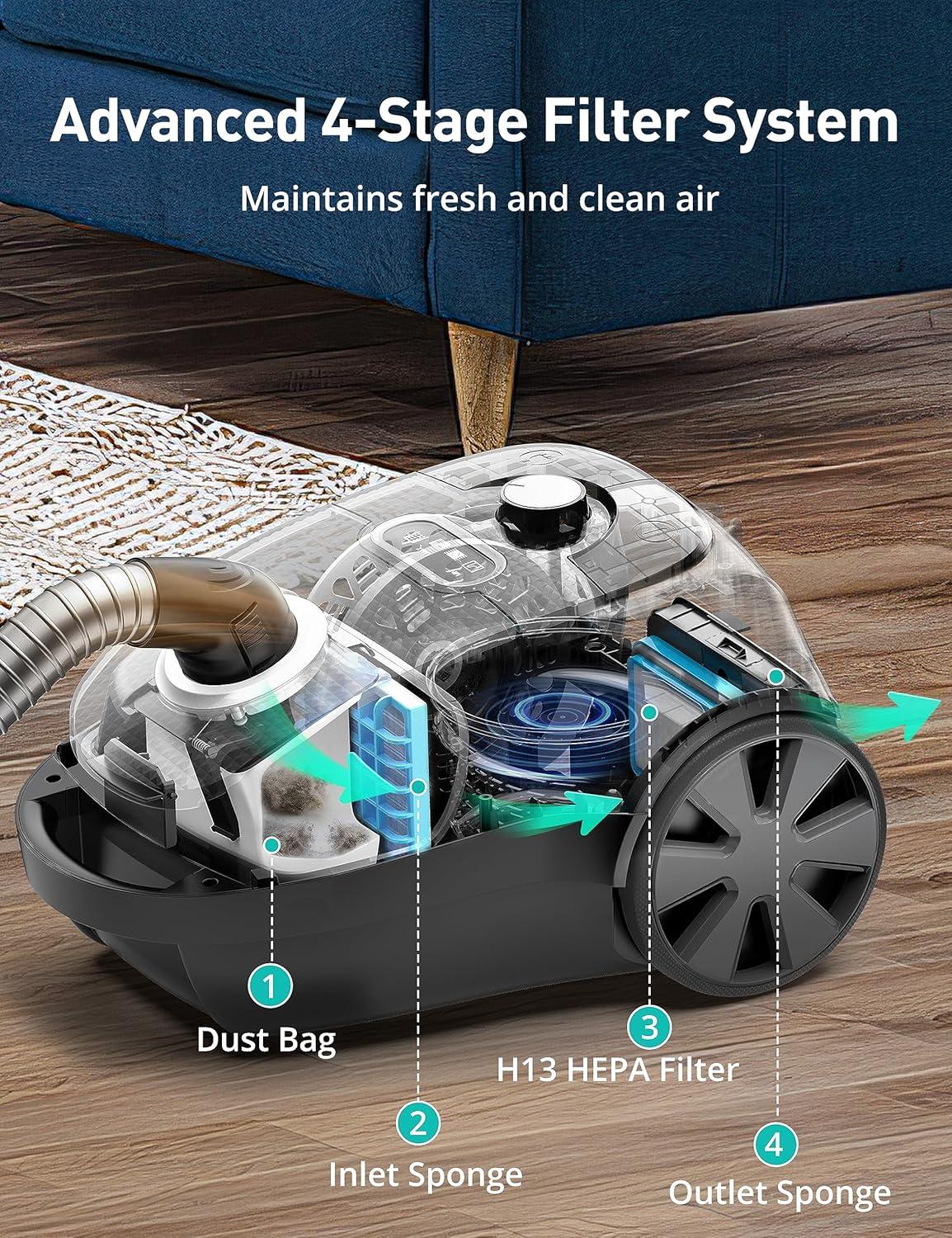 image:imageAspiron Canister Vacuum Canister Bagged Vacuum4QT Dust Bag H13 HEPA Filter 5 Tools PetFriendlyVariable Power Controlfor Carpets Hardwood Floors Stairs Pet Hair HouseholdBlue