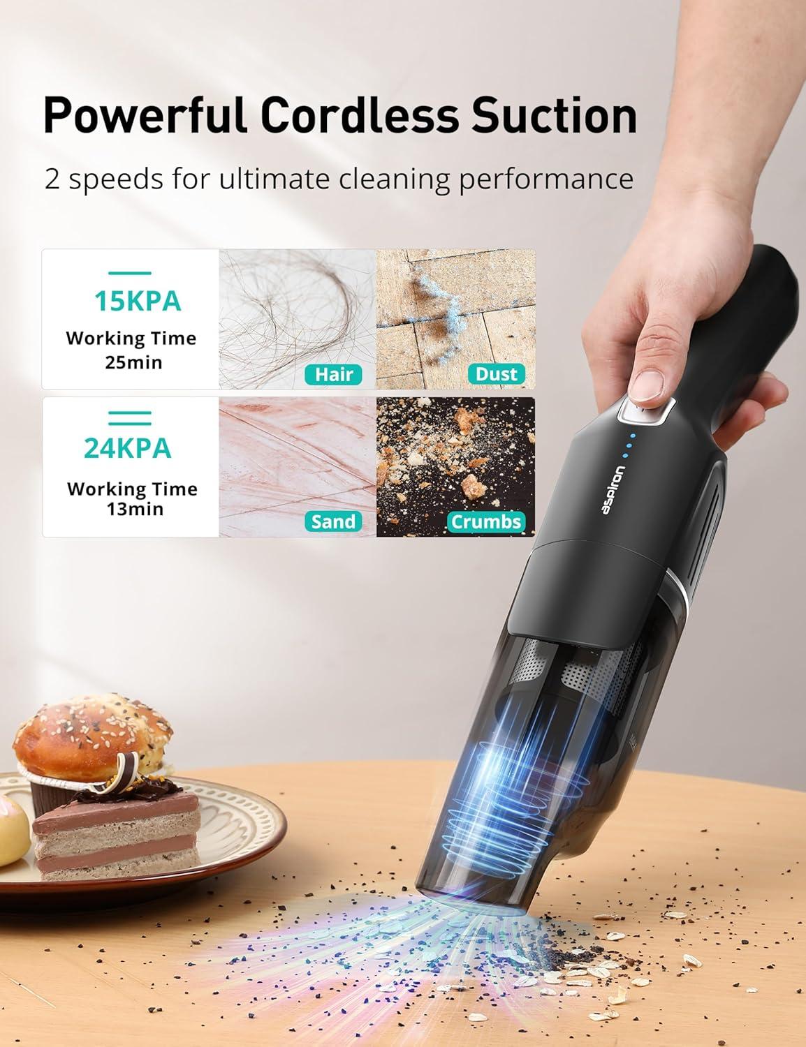 image:imageAspiron Cordless Handheld Vacuum 24KPA Powerful Car Vacuum 2Speed 2 Charging Methods Wireless Charger Ergonomic Handle Portable Rechargeable Vacuum Cleaner for Car Home Black Silver