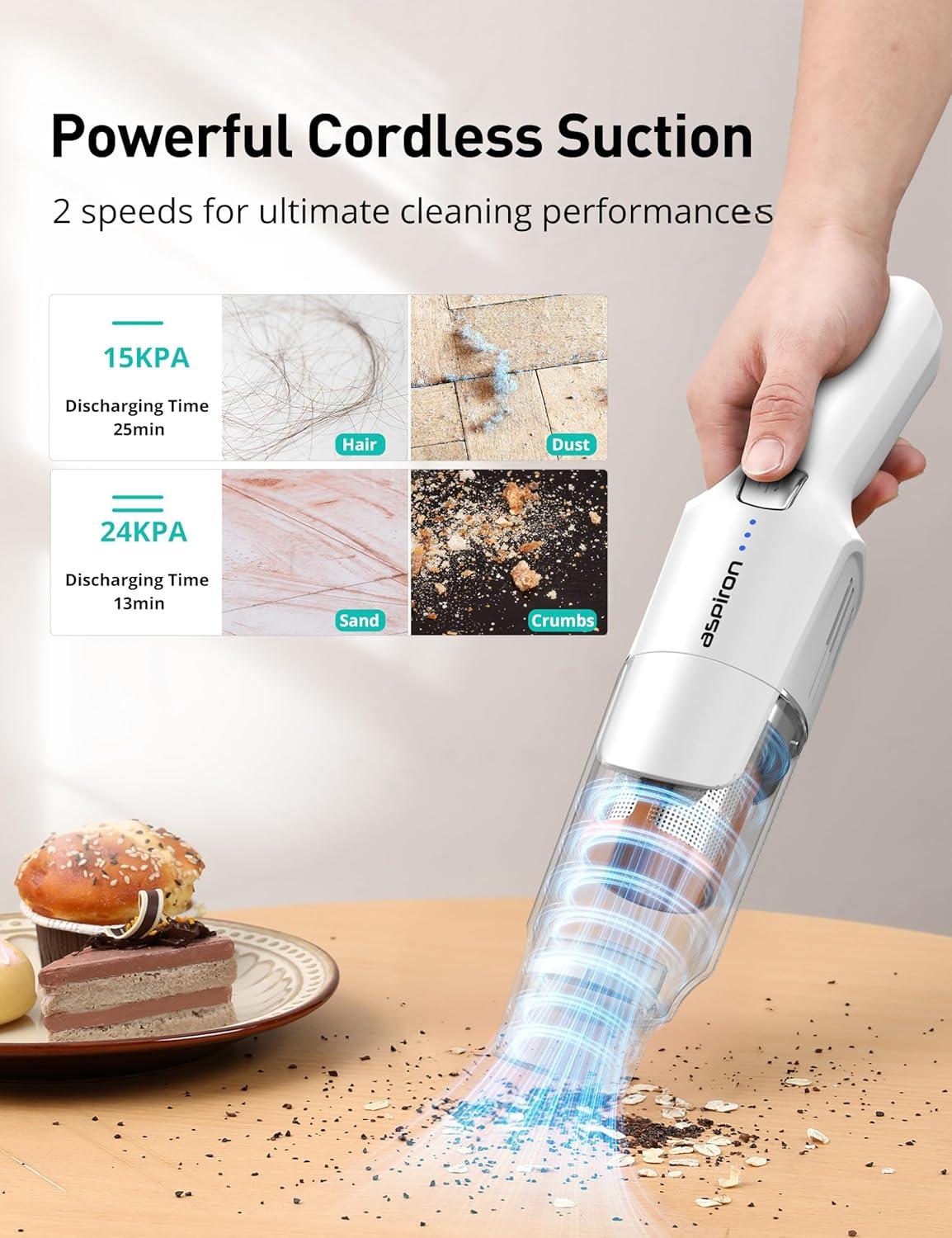 image:imageAspiron Cordless Handheld Vacuum 24KPA Powerful Car Vacuum 2Speed 2 Charging Methods Wireless Charger Ergonomic Handle Portable Rechargeable Vacuum Cleaner for Car Home Cream WhiteCream White