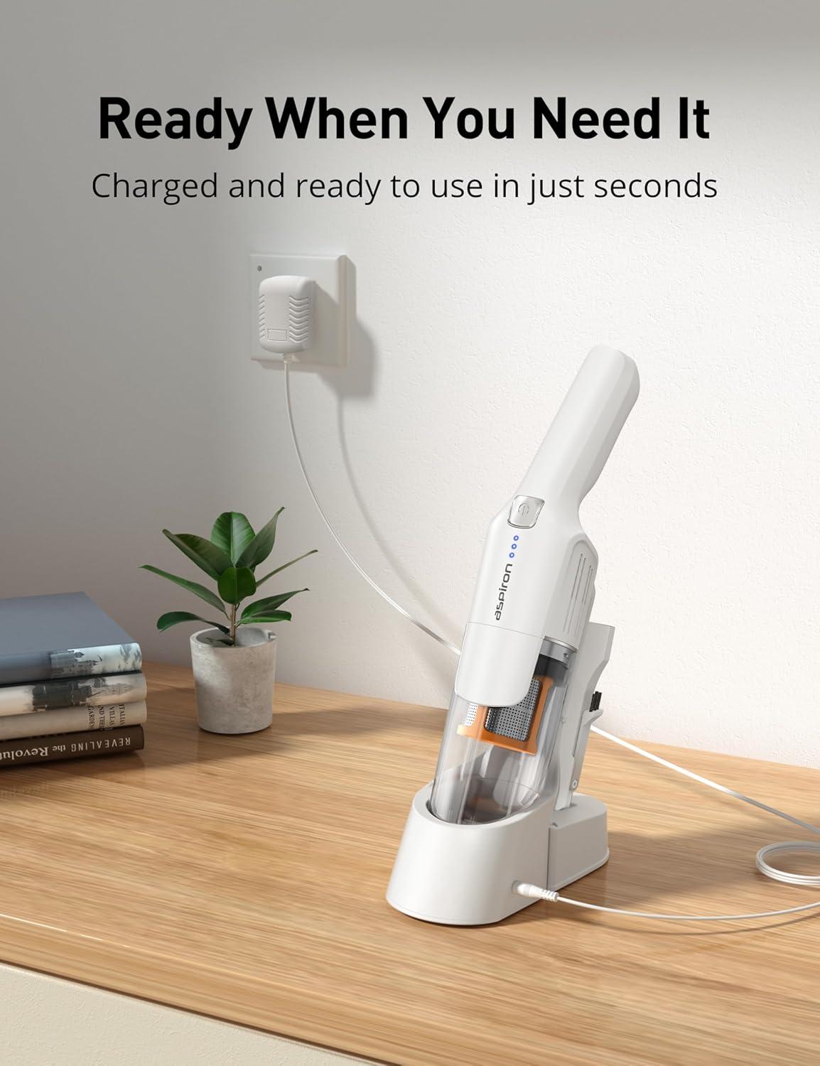 image:imageAspiron Cordless Handheld Vacuum 24KPA Powerful Car Vacuum 2Speed 2 Charging Methods Wireless Charger Ergonomic Handle Portable Rechargeable Vacuum Cleaner for Car Home Cream WhiteCream White
