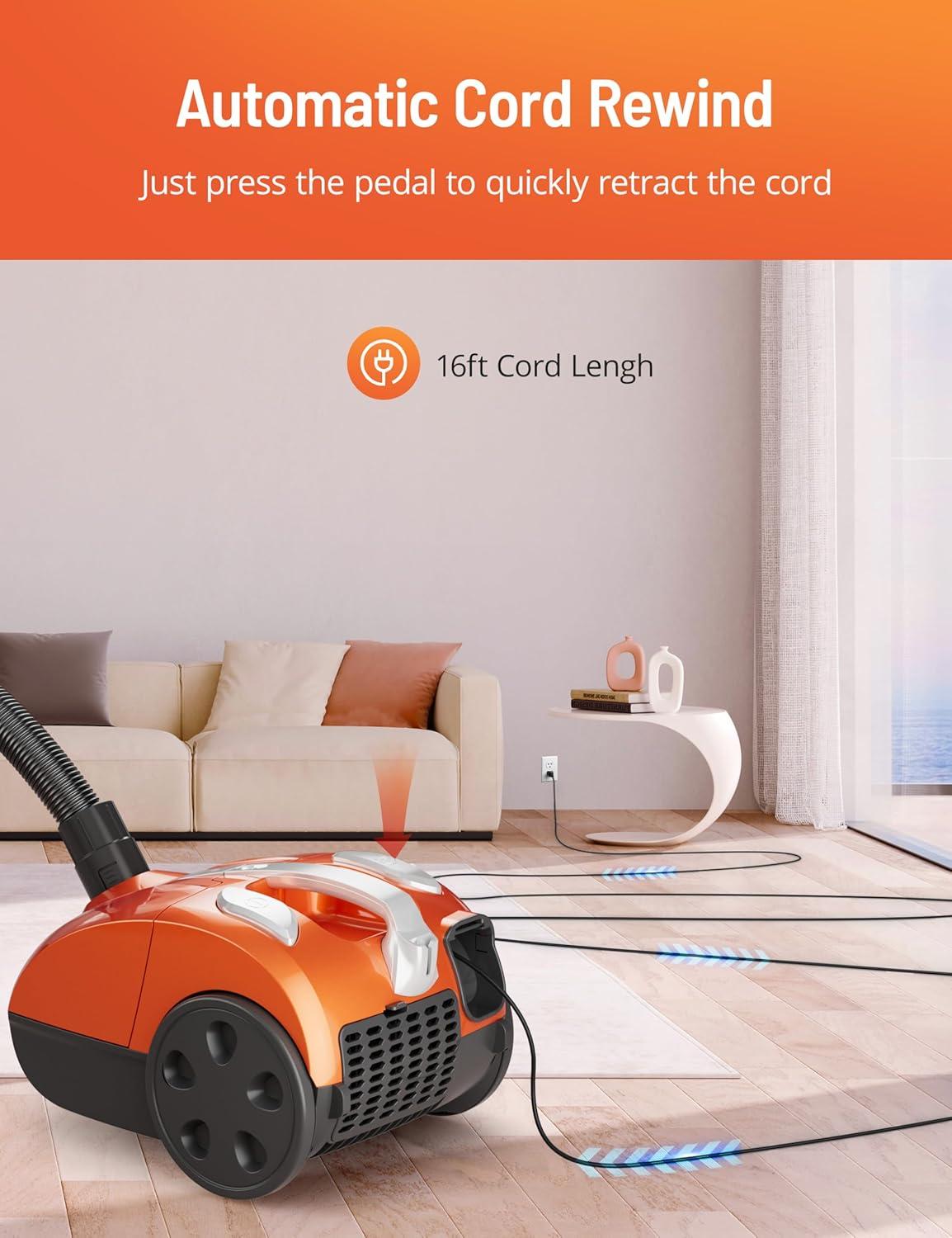 image:imageBagged Canister Vacuum Cleaner Canister Vacuum Cleaners for Home Automatic Cord Rewind Portable Corded Vacuum Cleaner with 3 Replacement Bags for Hard Floors Pet Hair Carpet and Upholstery