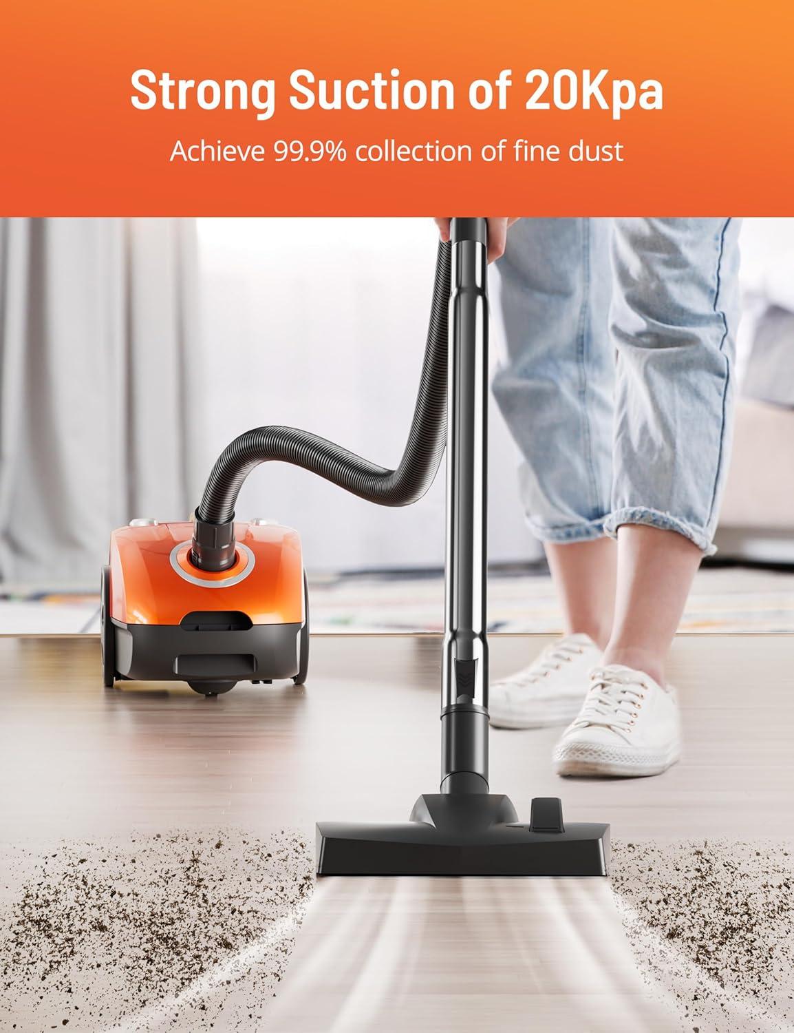 image:imageBagged Canister Vacuum Cleaner Canister Vacuum Cleaners for Home Automatic Cord Rewind Portable Corded Vacuum Cleaner with 3 Replacement Bags for Hard Floors Pet Hair Carpet and Upholstery