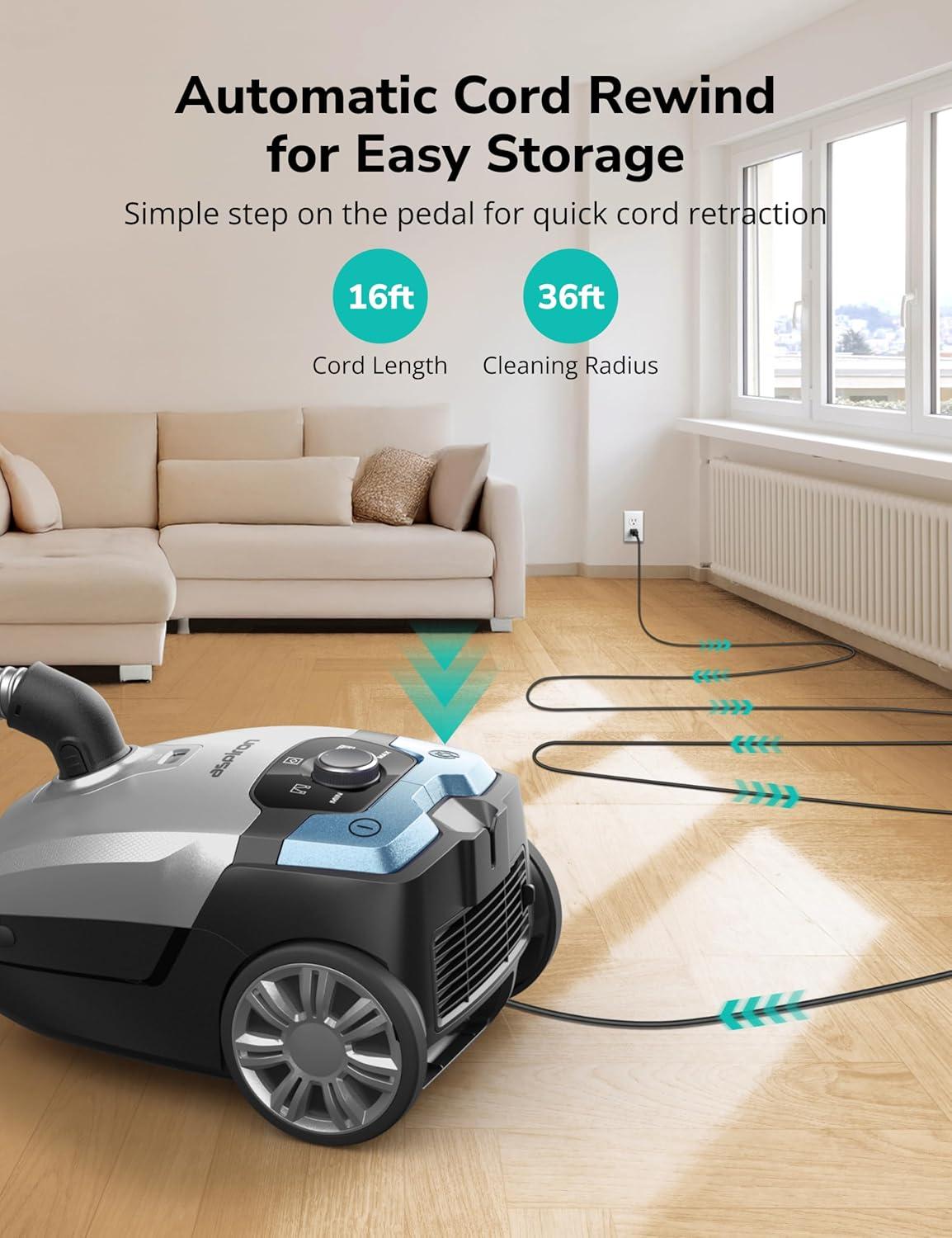 image:imageCanister Vacuum1700W45KPA Bagged Vacuum Cleaner5L Large CapacityAuto Cord RewindHEPA FilterLow Noise8M Cleaning RadiusVariable Power ControlEasy to PushHard FloorPetCarpetCeruleanCerulean