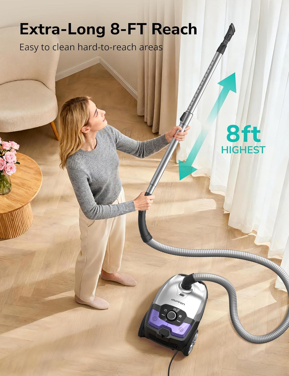 image:imageCanister Vacuum1700W45KPA Bagged Vacuum Cleaner5L Large CapacityAuto Cord RewindHEPA FilterLow Noise8M Cleaning RadiusVariable Power ControlEasy to PushHard FloorPetCarpetCeruleanLavender