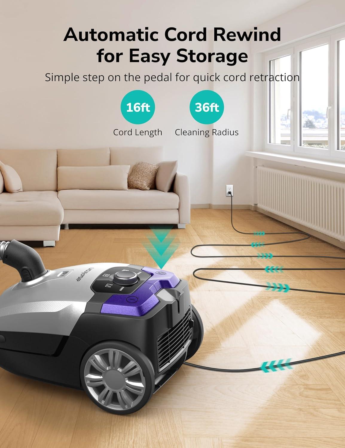 image:imageCanister Vacuum1700W45KPA Bagged Vacuum Cleaner5L Large CapacityAuto Cord RewindHEPA FilterLow Noise8M Cleaning RadiusVariable Power ControlEasy to PushHard FloorPetCarpetCeruleanLavender