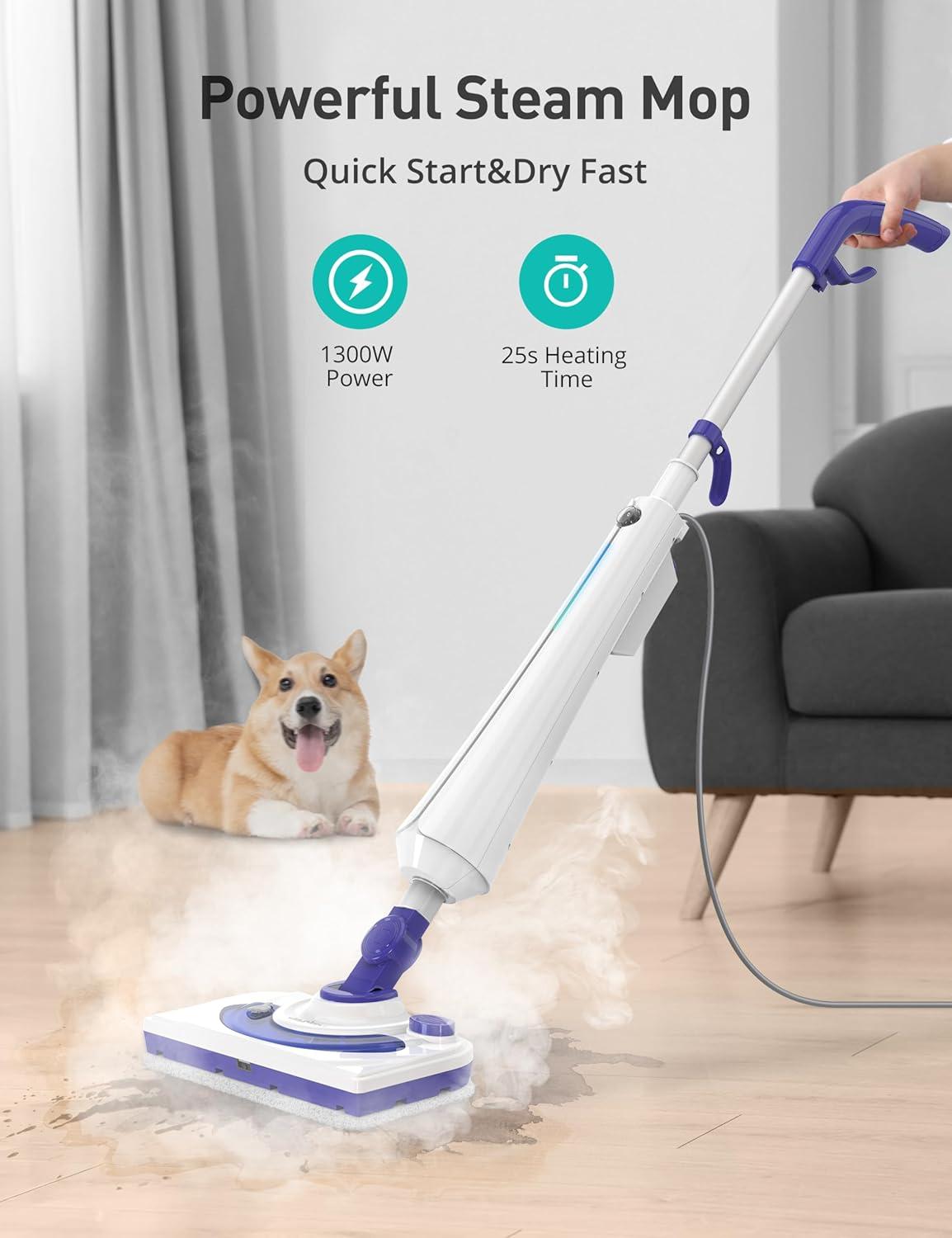 image:imageProfessional Steam Mop Cleaner 1300W Floor Steamer with Detergent Chamber 25S Heat Up Lightweight Steamer for Cleaning with 2 Washable Pads Safe for Tiles Upholstery Carpet Hardwood BlueBlue