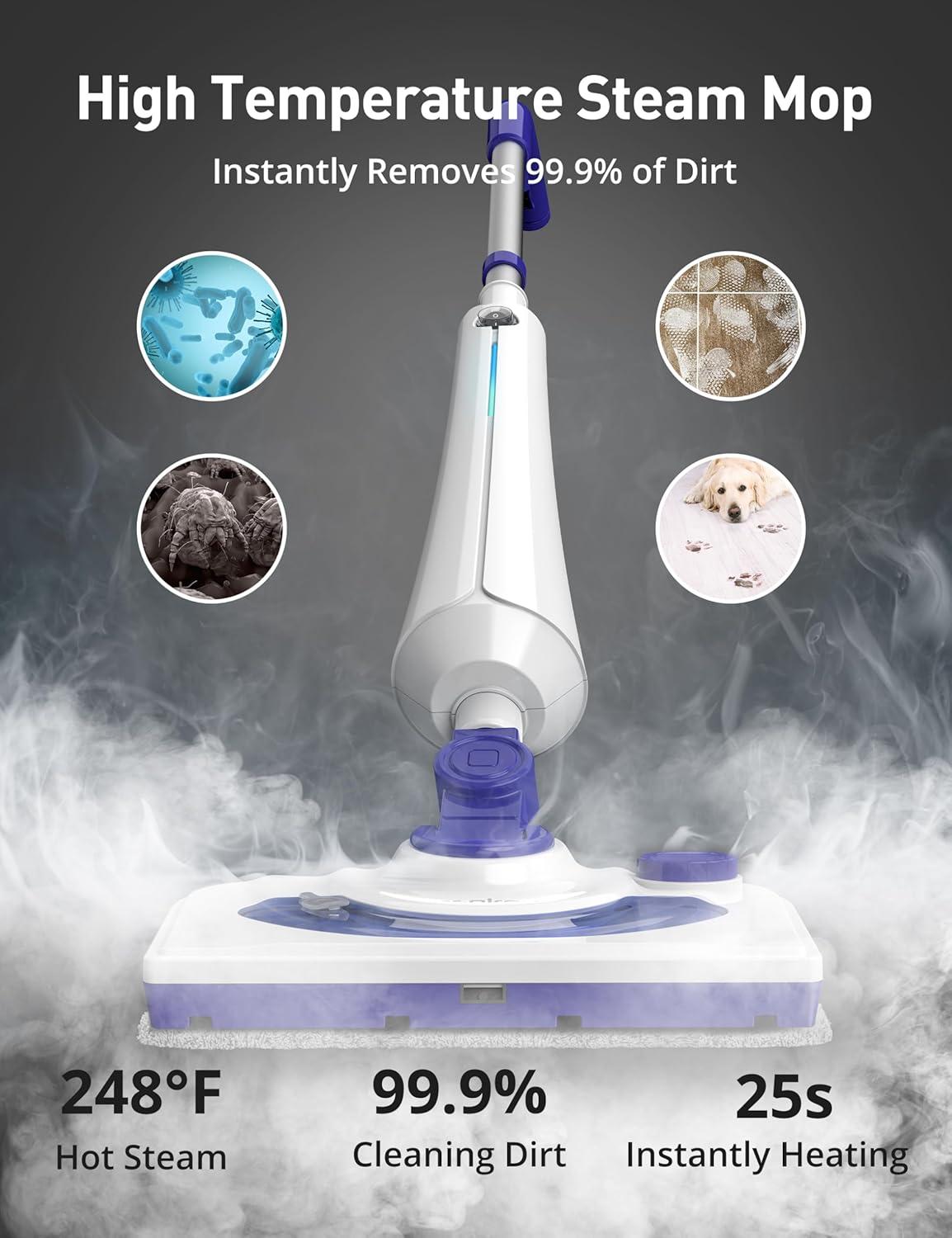 image:imageProfessional Steam Mop Cleaner 1300W Floor Steamer with Detergent Chamber 25S Heat Up Lightweight Steamer for Cleaning with 2 Washable Pads Safe for Tiles Upholstery Carpet Hardwood White
