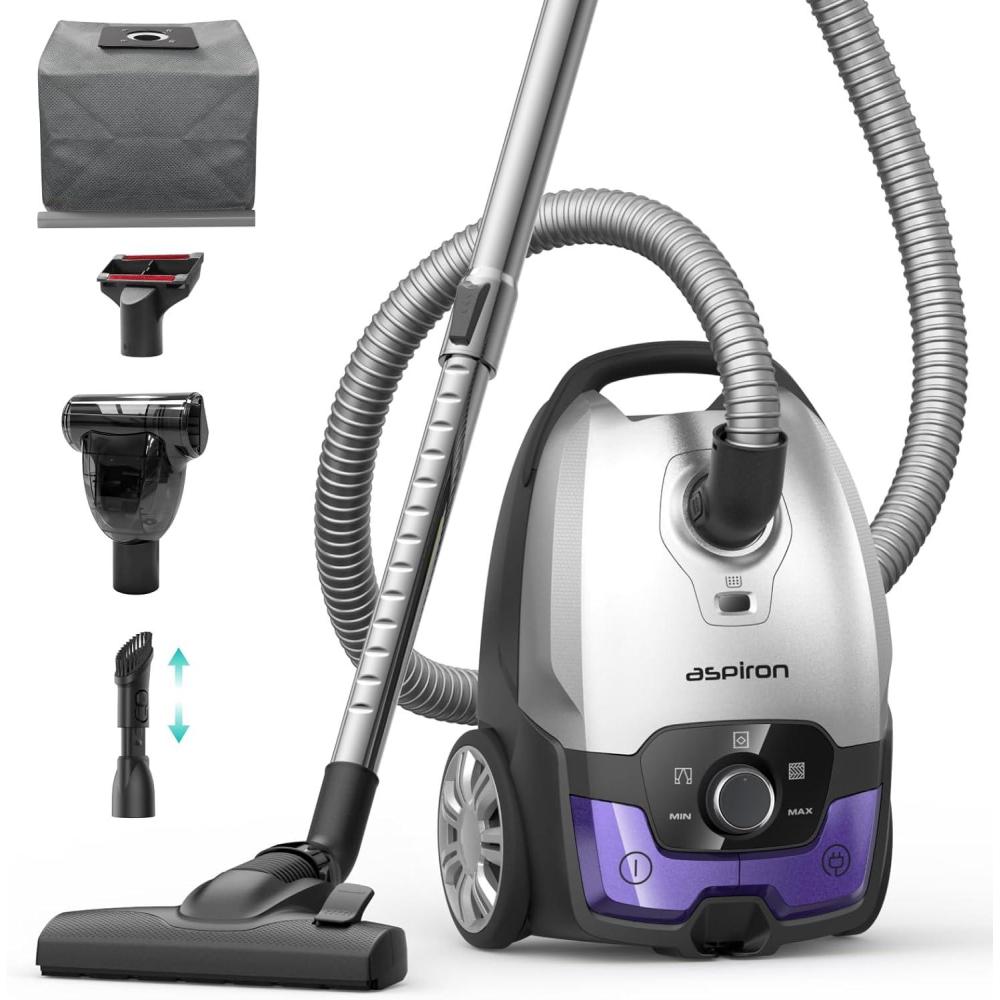 image:imageCanister Vacuum1700W45KPA Bagged Vacuum Cleaner5L Large CapacityAuto Cord RewindHEPA FilterLow Noise8M Cleaning RadiusVariable Power ControlEasy to PushHard FloorPetCarpetCeruleanLavender