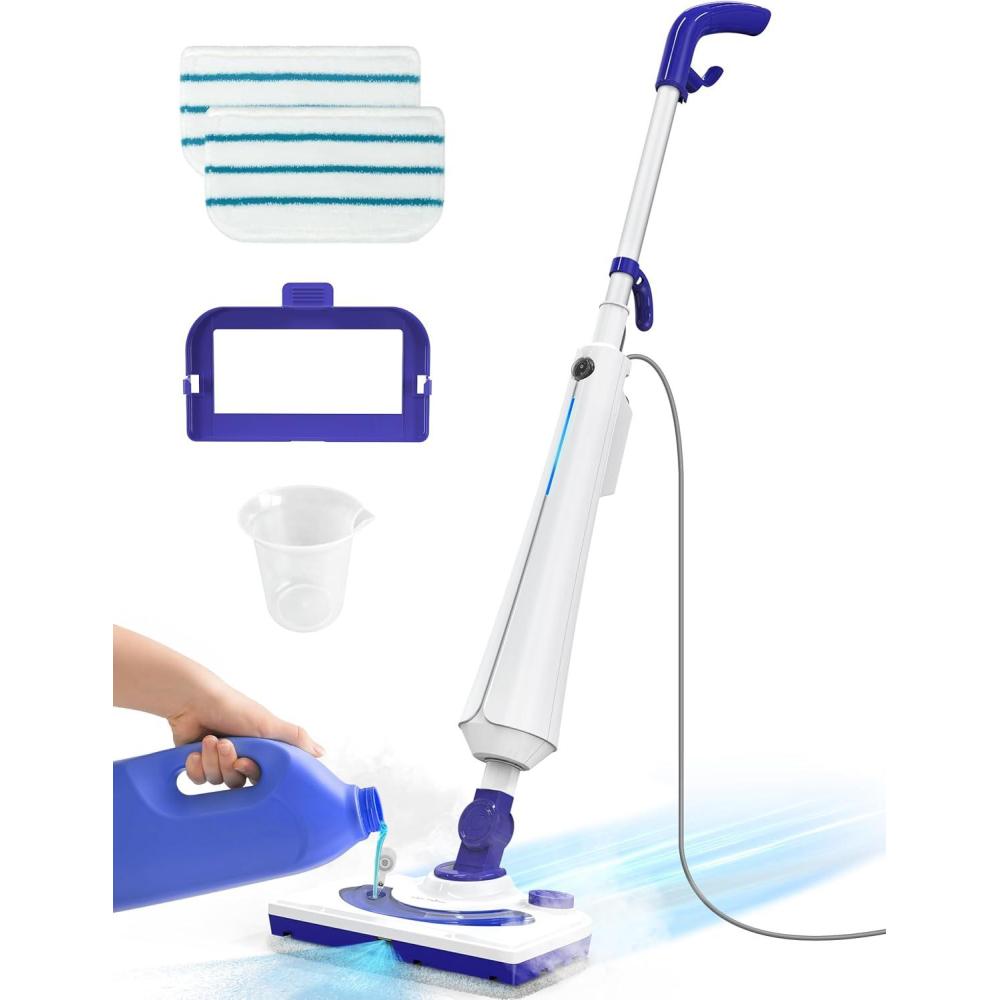 image:imageProfessional Steam Mop Cleaner 1300W Floor Steamer with Detergent Chamber 25S Heat Up Lightweight Steamer for Cleaning with 2 Washable Pads Safe for Tiles Upholstery Carpet Hardwood White