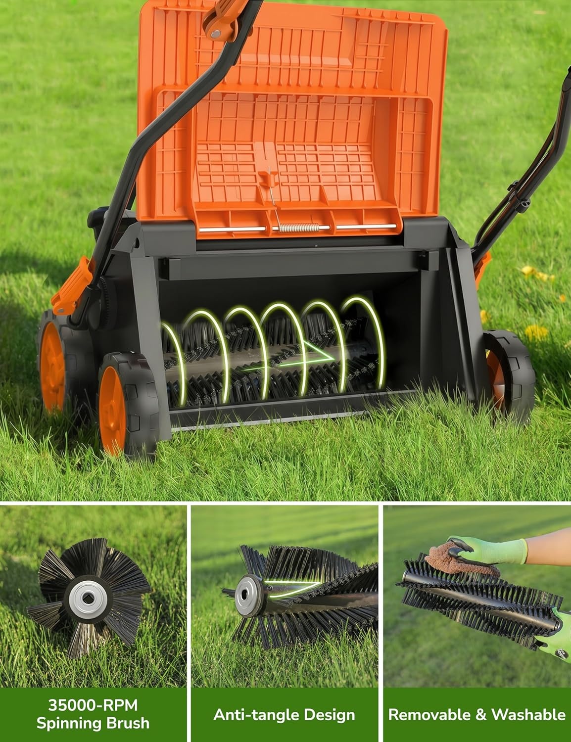 image:imageAspiron Artificial Grass Sweeper 16Inch 2000W Electric Power Broom for Artificial Turf Lawn Sweeper with 55L Removable Collection Bag 5Position Height Adjustment Foldable OrangeOrange