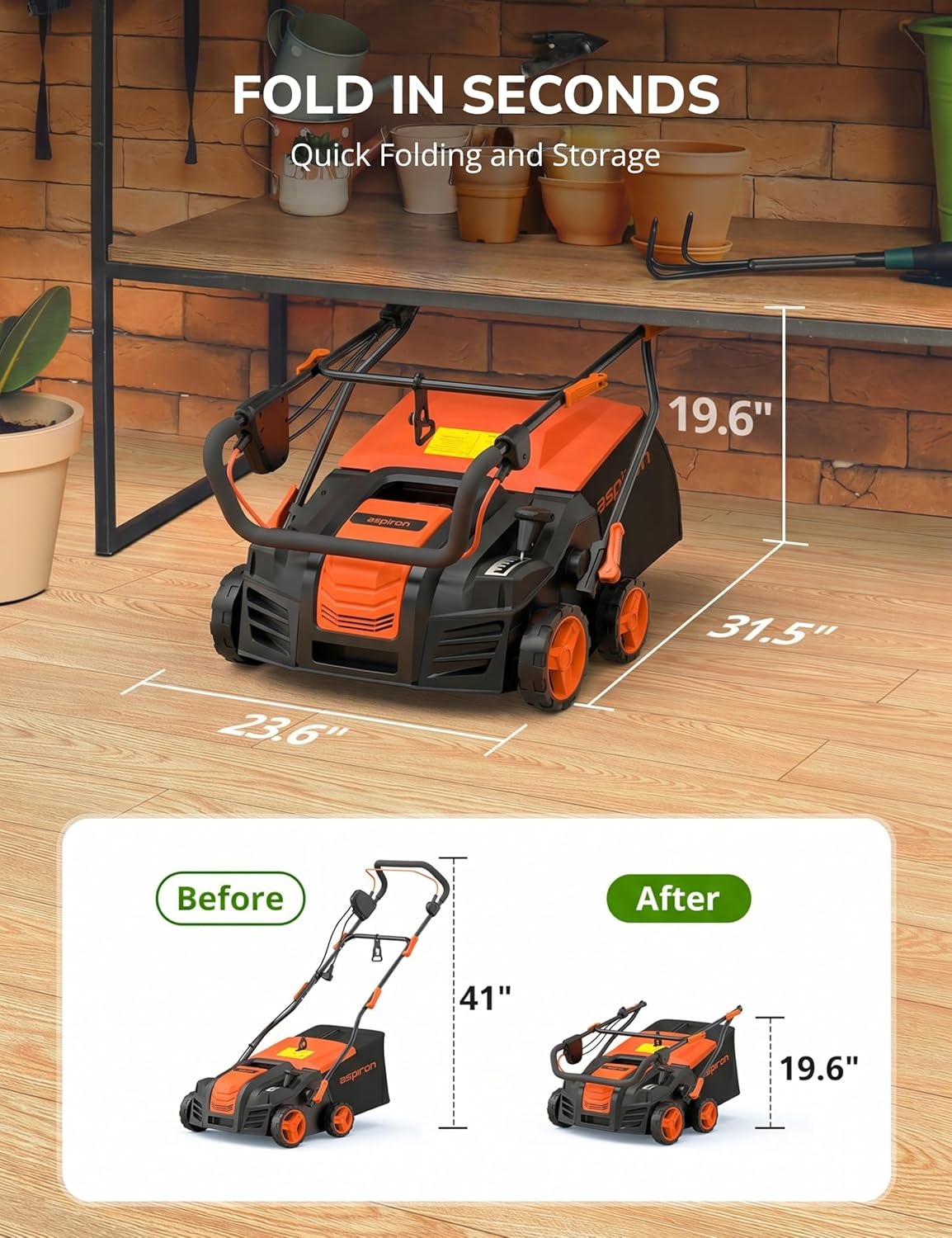 image:imageAspiron Artificial Grass Sweeper 16Inch 2000W Electric Power Broom for Artificial Turf Lawn Sweeper with 55L Removable Collection Bag 5Position Height Adjustment Foldable OrangeOrange