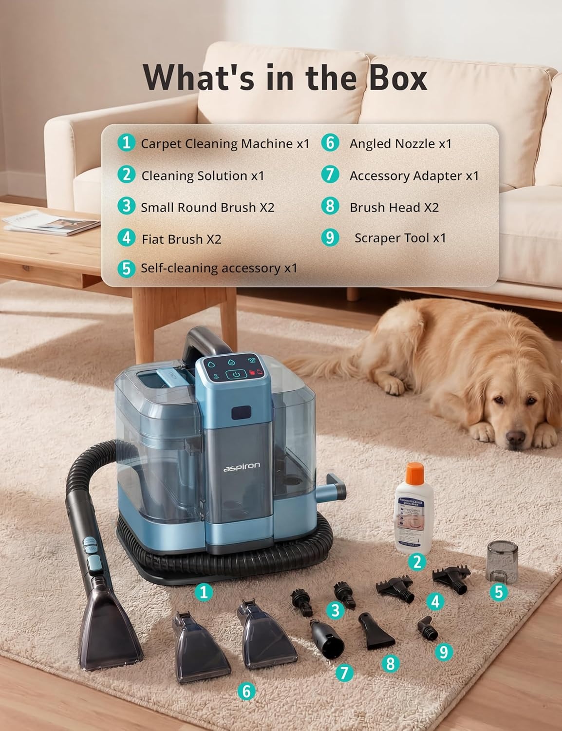 image:imageAspiron Carpet CleanerFast Heating SteamerCarpet Cleaner Machine for HomeHotCold Water amp Steam WashSpot Cleaner20Kpa Powerful Suction300ML Solutionfor CarpetUpholsterySofaPet StainCarBlue