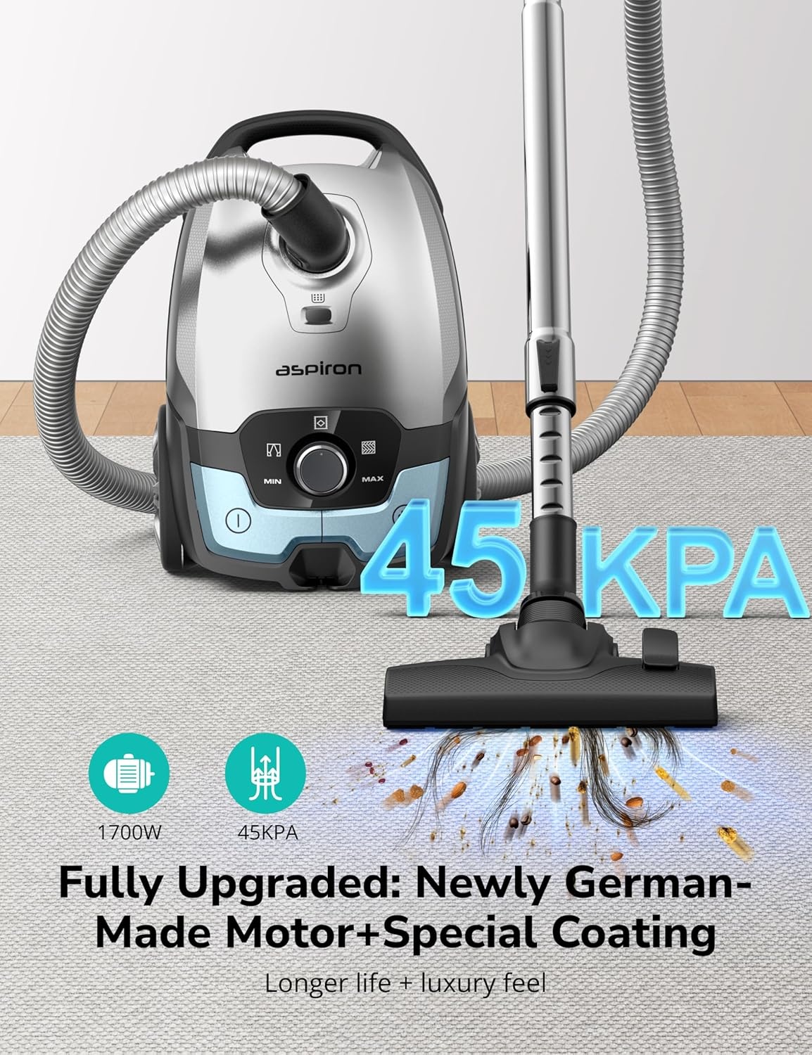 image:imageAspiron Canister Vacuum1700W45KPA Bagged Vacuum Cleaner5L Large CapacityAuto Cord RewindHEPA FilterLow Noise8M Cleaning RadiusVariable Power ControlEasy to PushHard FloorCarpetPurpleAquamarine