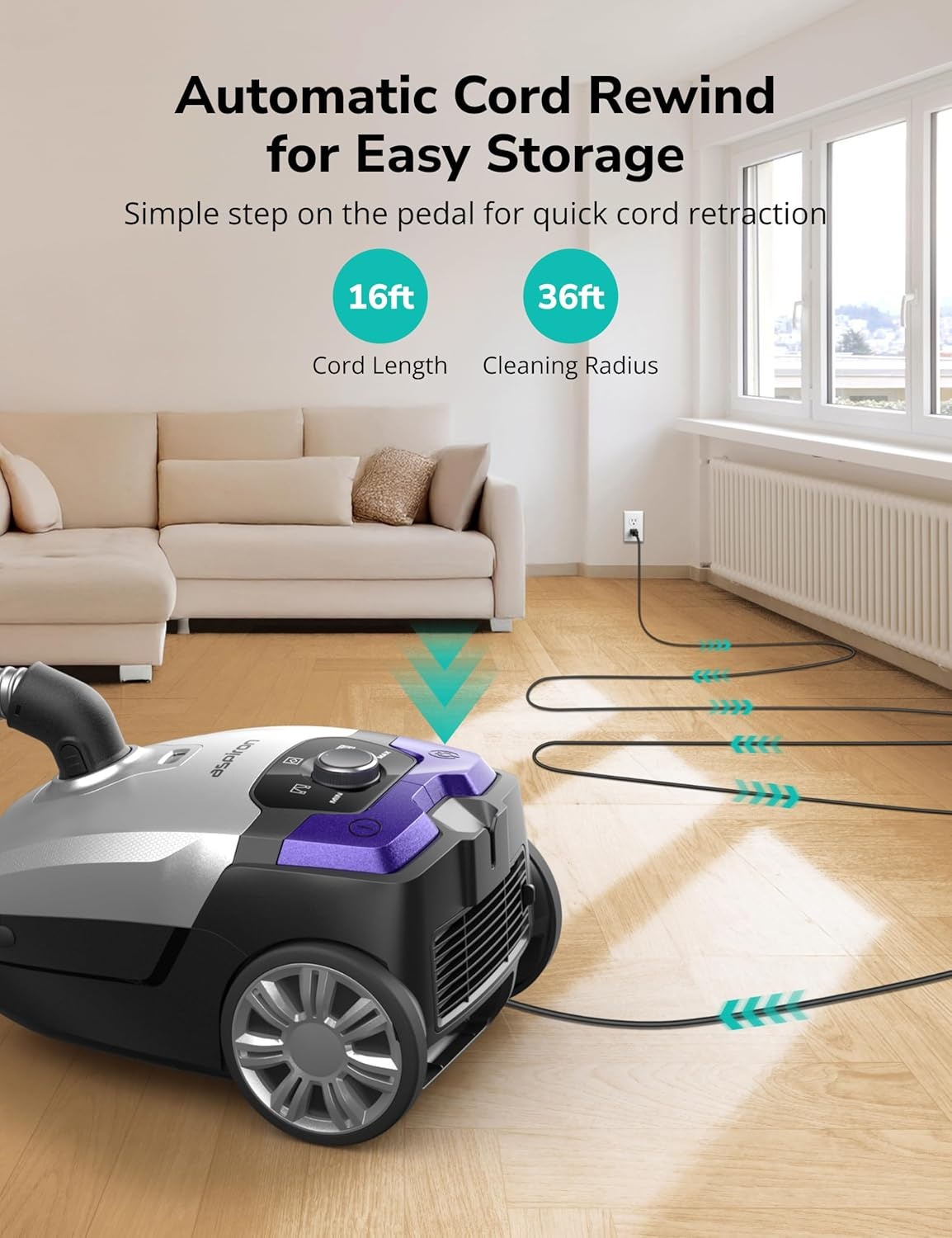 image:imageAspiron Canister Vacuum1700W45KPA Bagged Vacuum Cleaner5L Large CapacityAuto Cord RewindHEPA FilterLow Noise8M Cleaning RadiusVariable Power ControlEasy to PushHard FloorCarpetPurpleViolet