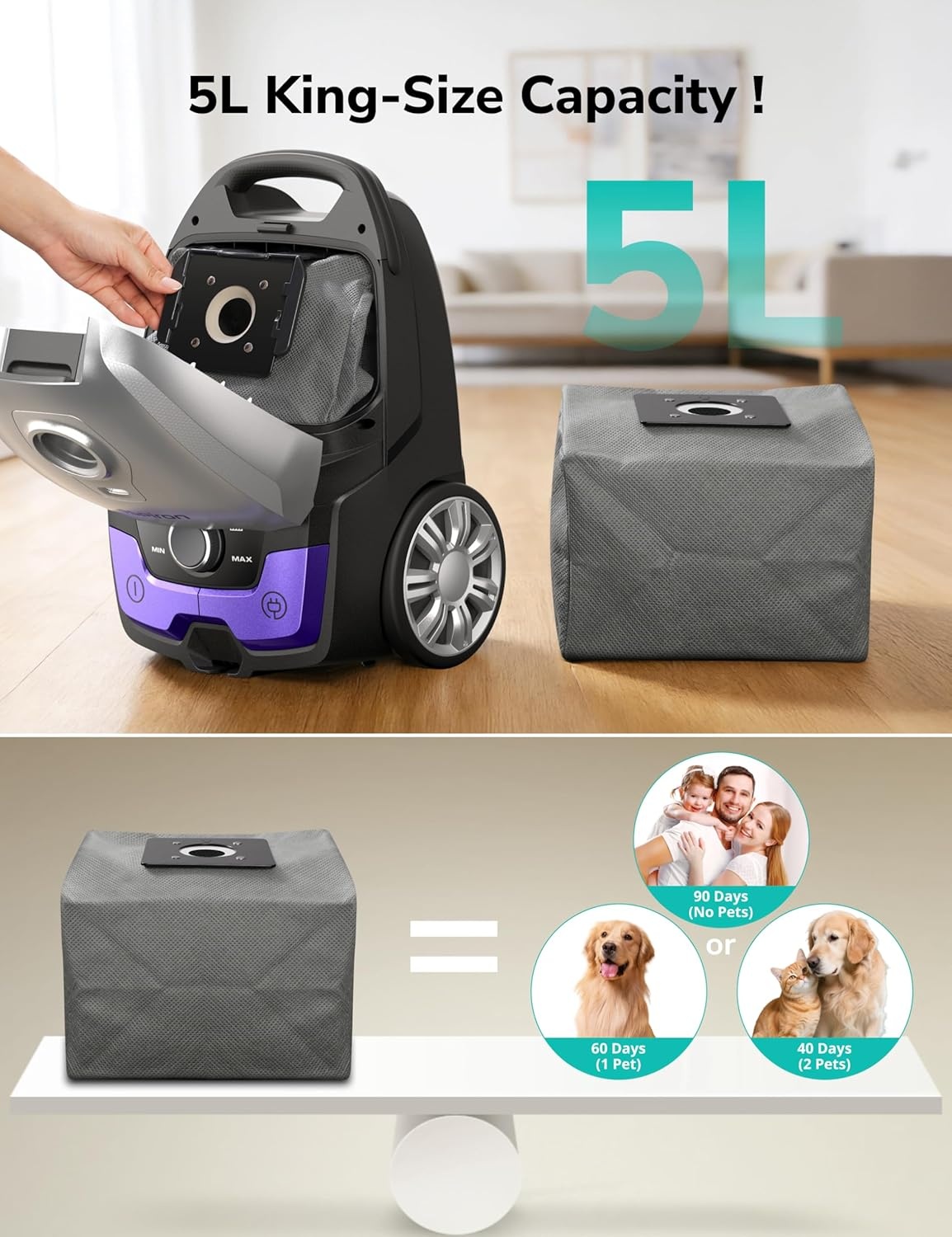 image:imageAspiron Canister Vacuum1700W45KPA Bagged Vacuum Cleaner5L Large CapacityAuto Cord RewindHEPA FilterLow Noise8M Cleaning RadiusVariable Power ControlEasy to PushHard FloorCarpetPurpleViolet