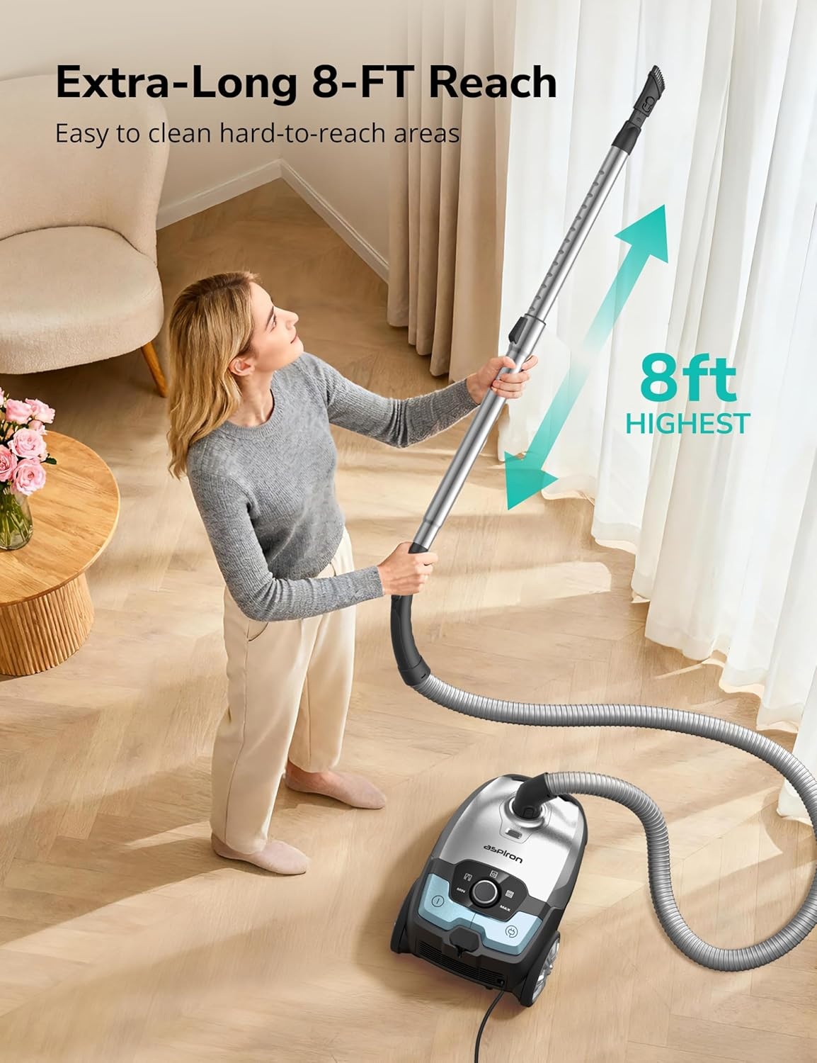 image:imageAspiron Canister Vacuum1700W45KPA Bagged Vacuum Cleaner5L Large CapacityAuto Cord RewindHEPA FilterLow Noise8M Cleaning RadiusVariable Power ControlEasy to PushHard FloorCarpetPurpleAquamarine
