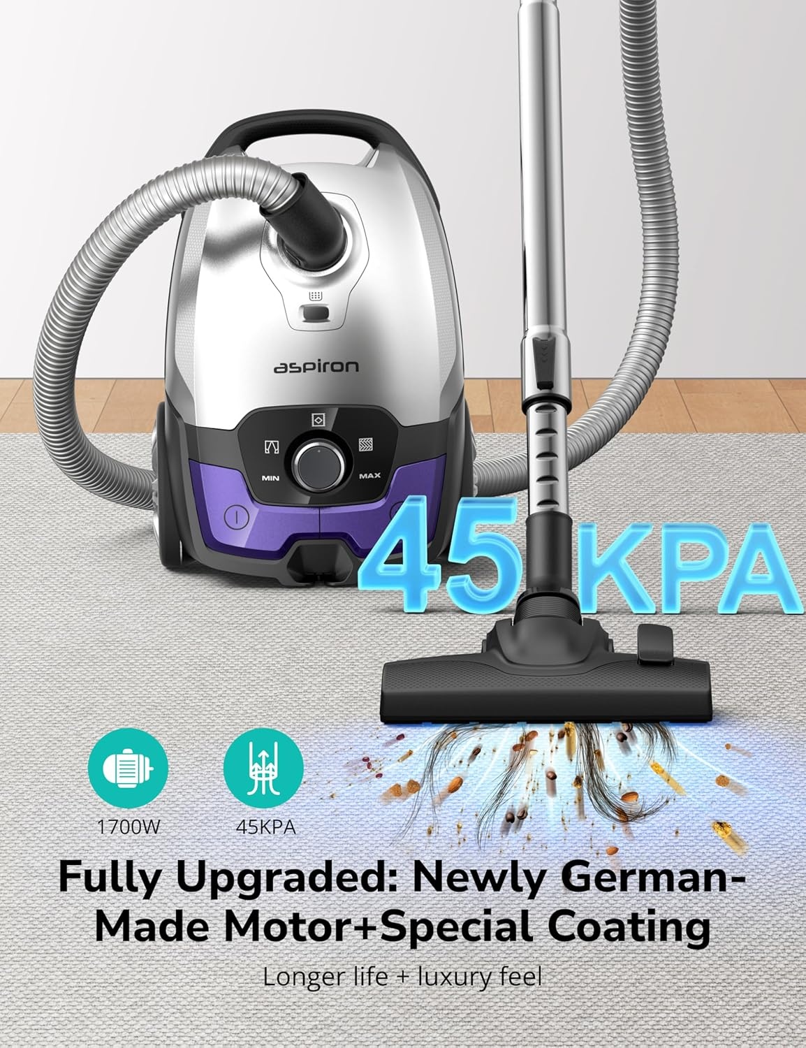 image:imageAspiron Canister Vacuum1700W45KPA Bagged Vacuum Cleaner5L Large CapacityAuto Cord RewindHEPA FilterLow Noise8M Cleaning RadiusVariable Power ControlEasy to PushHard FloorCarpetPurpleViolet