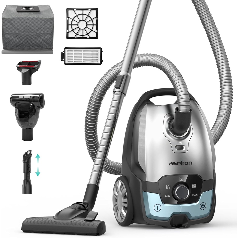 image:imageAspiron Canister Vacuum1700W45KPA Bagged Vacuum Cleaner5L Large CapacityAuto Cord RewindHEPA FilterLow Noise8M Cleaning RadiusVariable Power ControlEasy to PushHard FloorCarpetPurpleAquamarine