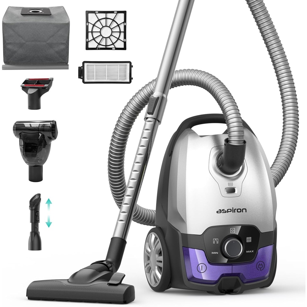 image:imageAspiron Canister Vacuum1700W45KPA Bagged Vacuum Cleaner5L Large CapacityAuto Cord RewindHEPA FilterLow Noise8M Cleaning RadiusVariable Power ControlEasy to PushHard FloorCarpetPurpleViolet