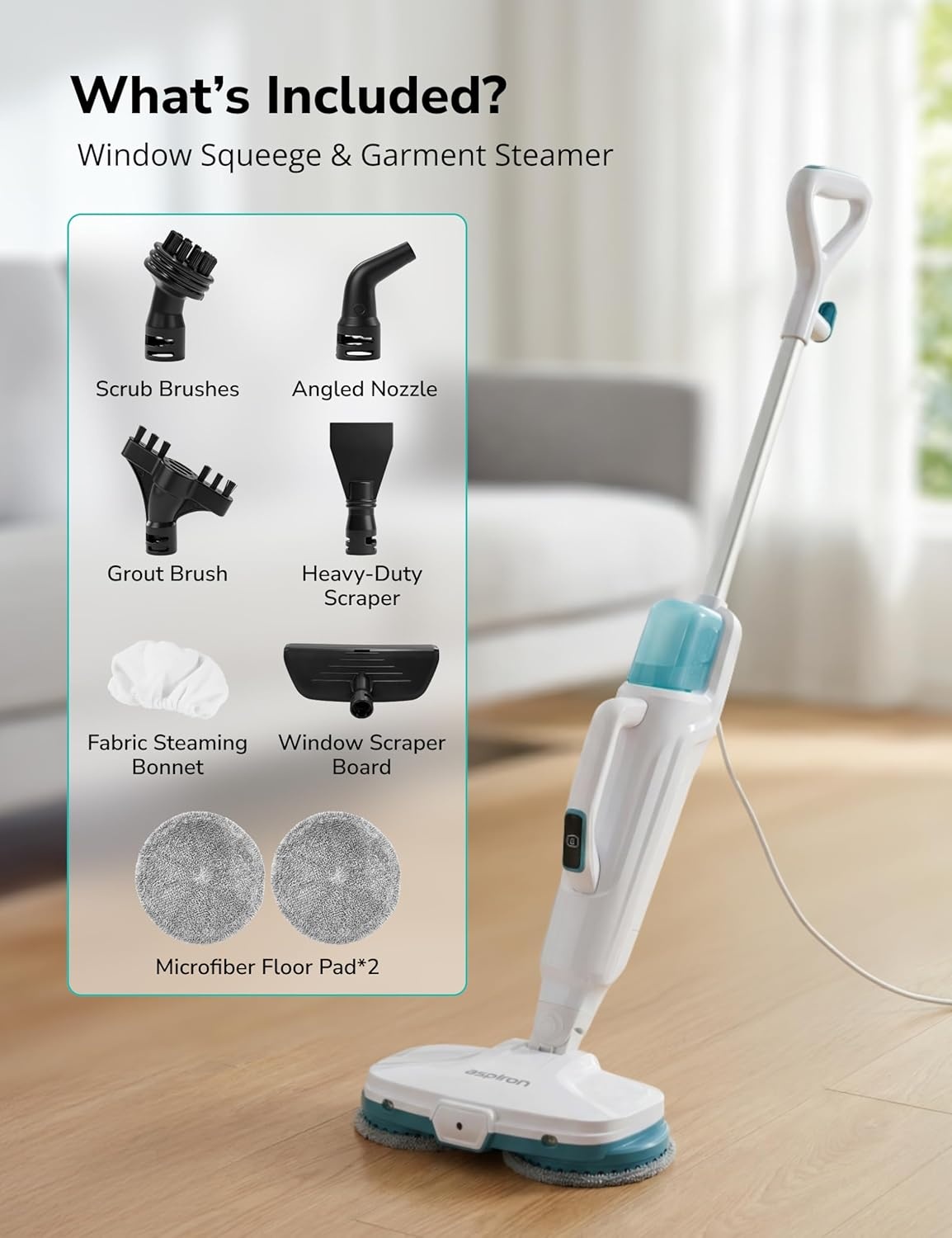 image:imageAspiron Steam Mop 10in1 Steam Mop and Handheld Steamer 15s HeatUp SelfRotating Scrub Pads 2 Steam Modes with Spray500ML Removable TankLED LightFloor Steamer for HardwoodTile CarpetCarCream