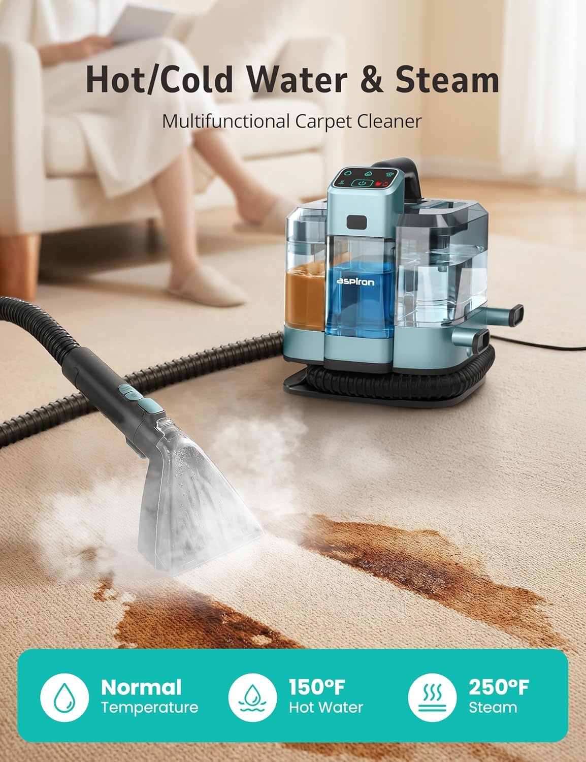 image:imageAspiron Carpet CleanerFast Heating SteamerCarpet Cleaner Machine for HomeHotCold Water amp Steam WashSpot Cleaning20Kpa Powerful Suction300ML Cleaning Solutionfor UpholsterySofaPet StainCar