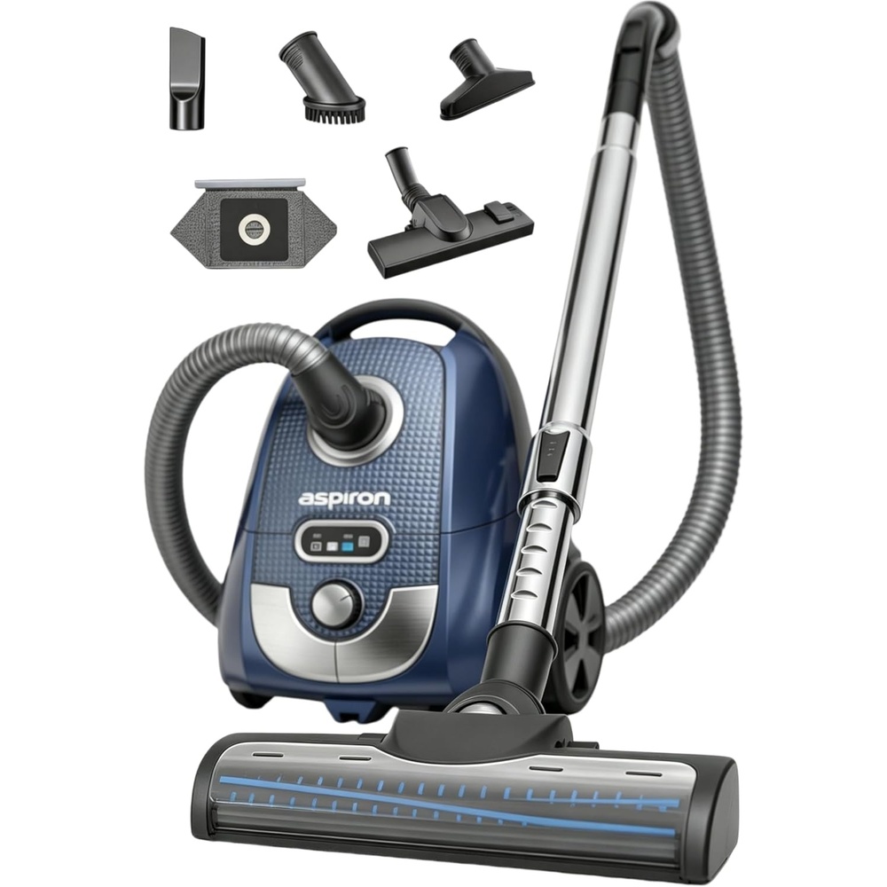 image:imageAspiron Canister Vacuum 1600W40Kpa Canister Bagged Vacuum4QT Dust Bag H13 HEPA Filter 5 Tools PetFriendlyVariable Power Controlfor Carpets Hardwood Floors Stairs Pet Hair HouseholdCarSapphire